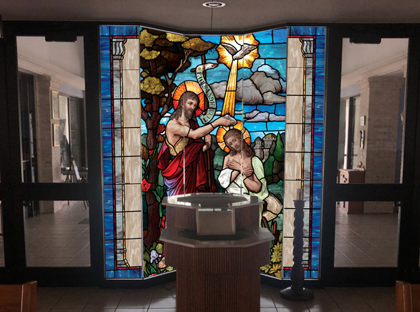 Custom church window film faceted design in church setting