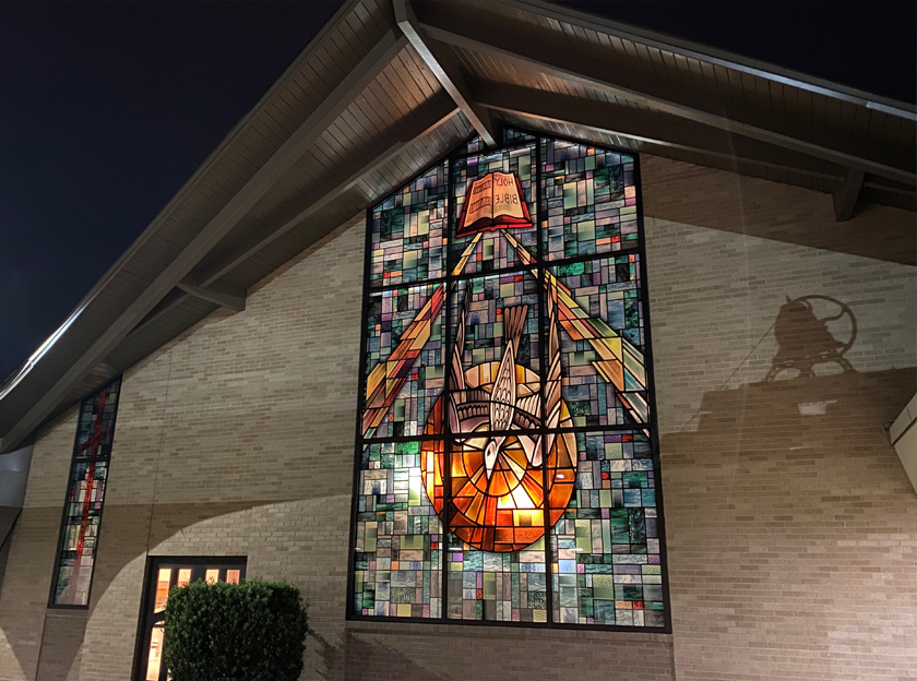 Custom church window film faceted design in church setting